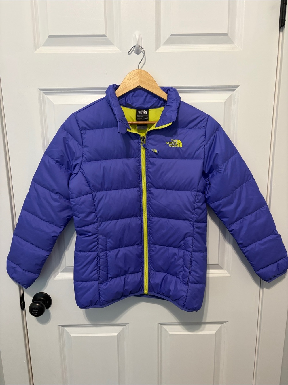 The North Face Kids Purple Puffer Jacket with Yellow Trim